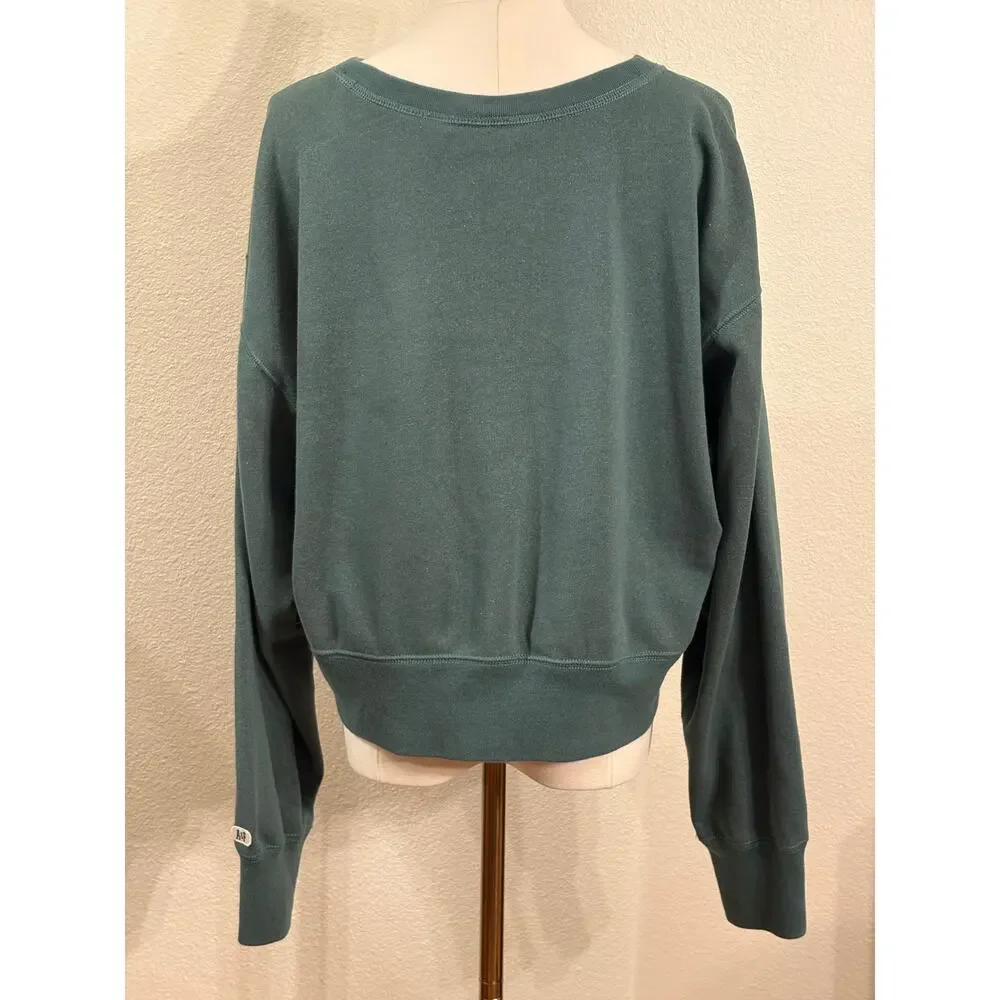 ABERCROMBIE & FITCH Cropped Sweatshirt | Green Shimmer Long Sleeve | LARGE - Picture 2 of 9